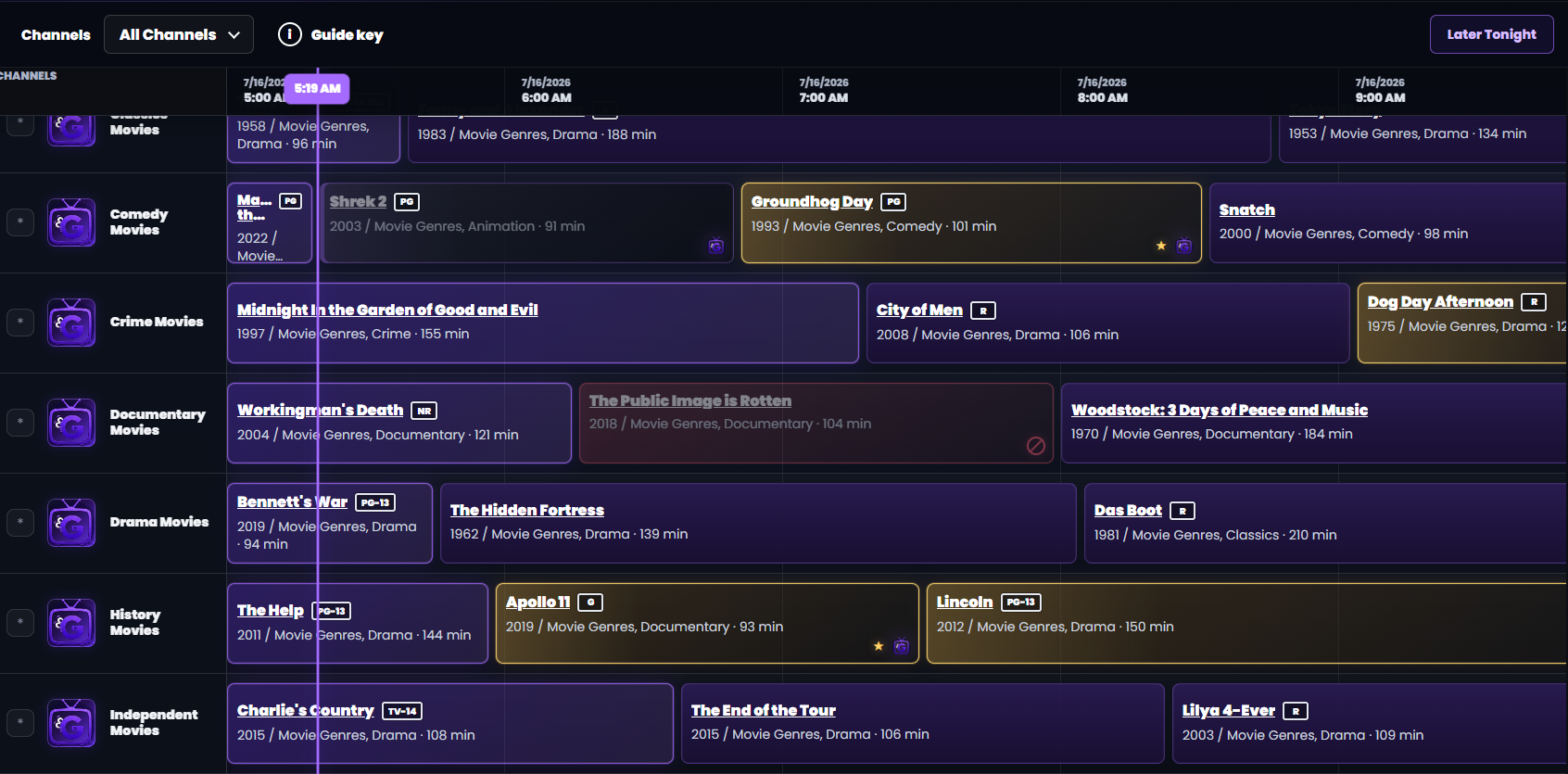 PeekGuide guide showing movie channels, current time, favorites, seen markers, and not interested markers